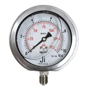 Japsin Instrumentation economical glycerin filled pressure gauge 0 to 10.6 Kg cm2 150 PSI 100 mm surface mounting bottom entry 3/8 BSP stainless steel bayonet case SS wetted parts