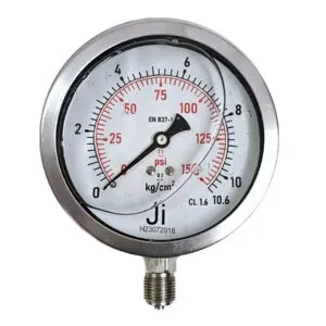 Japsin Instrumentation economical glycerin filled pressure gauge 0 to 10.6 Kg cm2 150 PSI 100 mm dial bottom entry 3/8 BSP stainless steel bayonet case SS wetted parts
