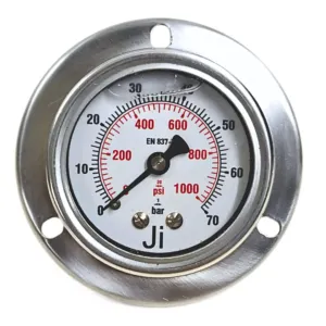Japsin Instrumentation economical glycerin filled pressure gauge 0 to 70 Bar 1000 PSI 50 mm dial panel mounting back entry 1/4 BSP SS case SS wetted parts