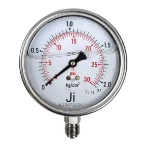 Japsin Instrumentation economical glycerin filled pressure gauge 0 to 2.1 Kg cm2 30 PSI 100 mm dial bottom entry 3/8 BSP stainless steel bayonet or crimping case SS wetted parts