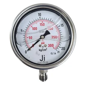 Japsin Instrumentation economical glycerin filled pressure gauge 0 to 21 Kg cm2 300 PSI 100 mm dial bottom entry 3/8 BSP stainless steel bayonet case SS wetted parts