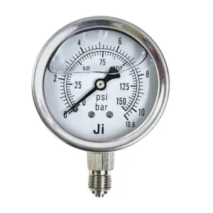 Japsin Instrumentation economical glycerin filled pressure gauge 0 to 10.6 Bar 150 PSI 63 mm dial bottom entry 1/4 BSP SS case SS wetted parts