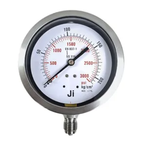 Japsin Instrumentation economical pressure gauge 0 to 210 Kg cm2 3000 PSI 100 mm dial bottom entry 3/8 BSP stainless steel bayonet case SS wetted parts