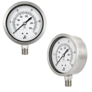 Japsin Instrumentation economical glycerin filled pressure gauge 0 to 25 Bar 360 PSI 100 mm dial bottom entry 1/2 NPT stainless steel bayonet case SS wetted parts