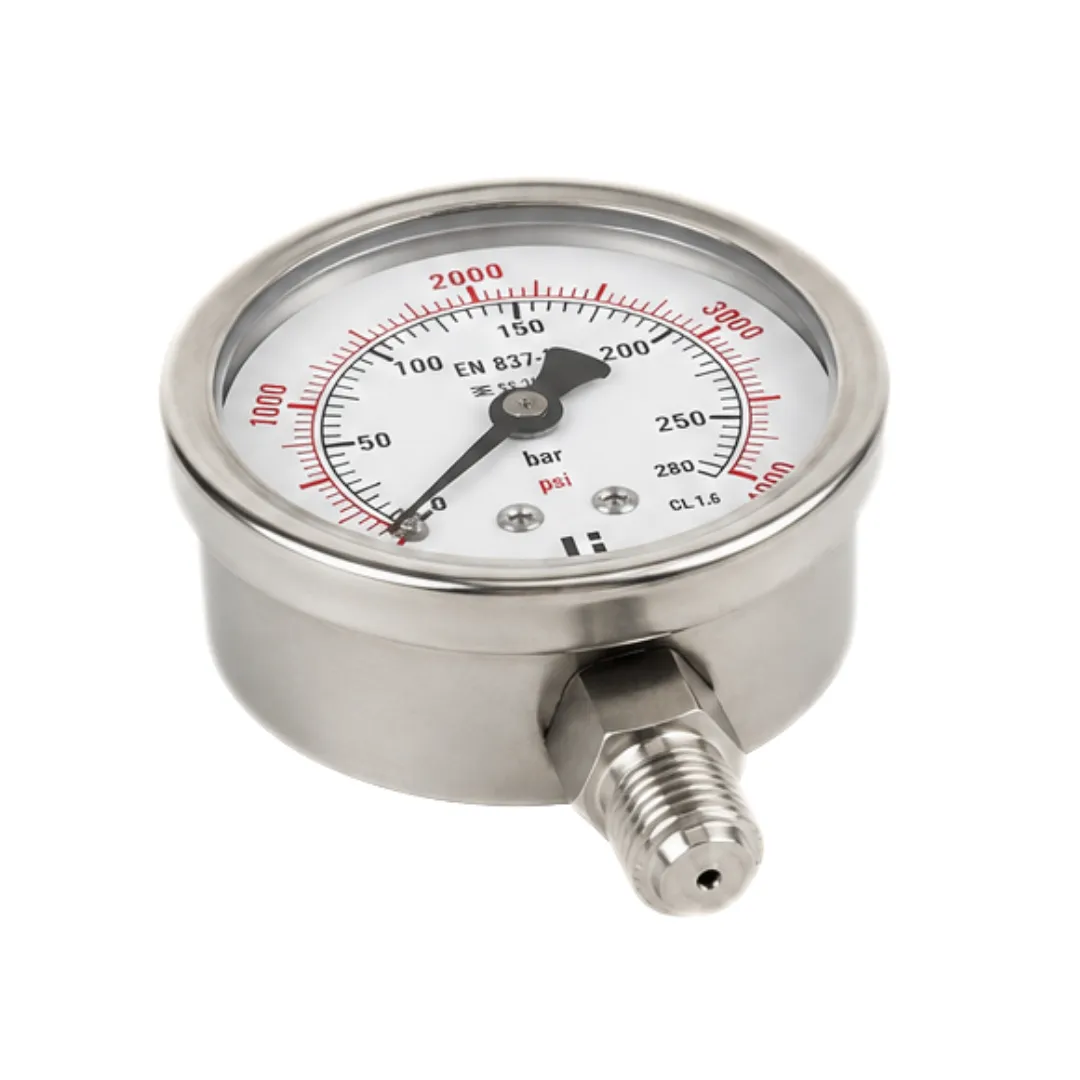 Japsin Instrumentation economical glycerin filled pressure gauge 0 to 280 Bar 4000 PSI 63 mm dial bottom entry 1/4 BSP SS case SS wetted parts