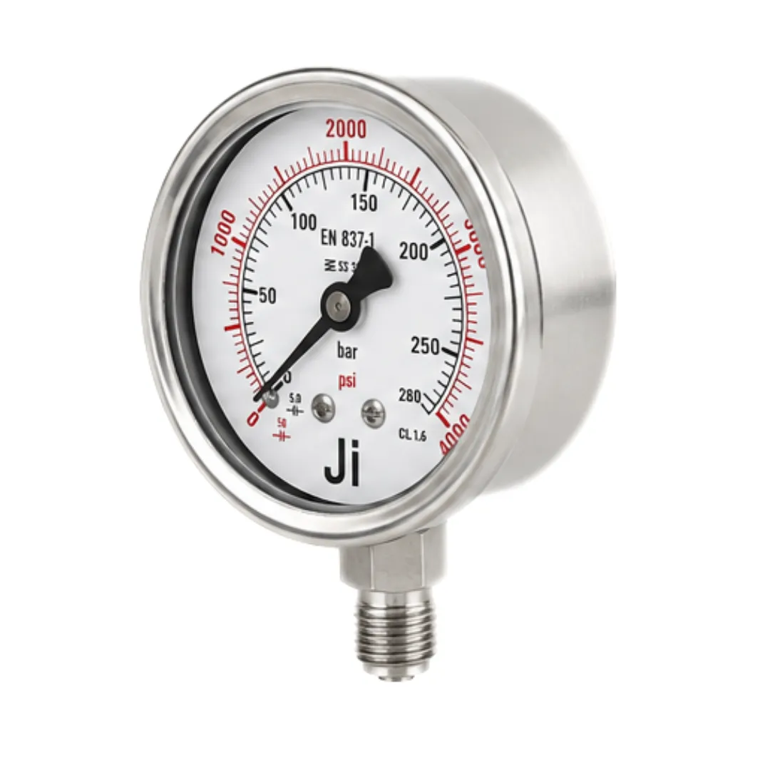 Japsin Instrumentation economical glycerin filled pressure gauge 0 to 280 Bar 4000 PSI 63 mm dial bottom entry 1/4 BSP SS case SS wetted parts