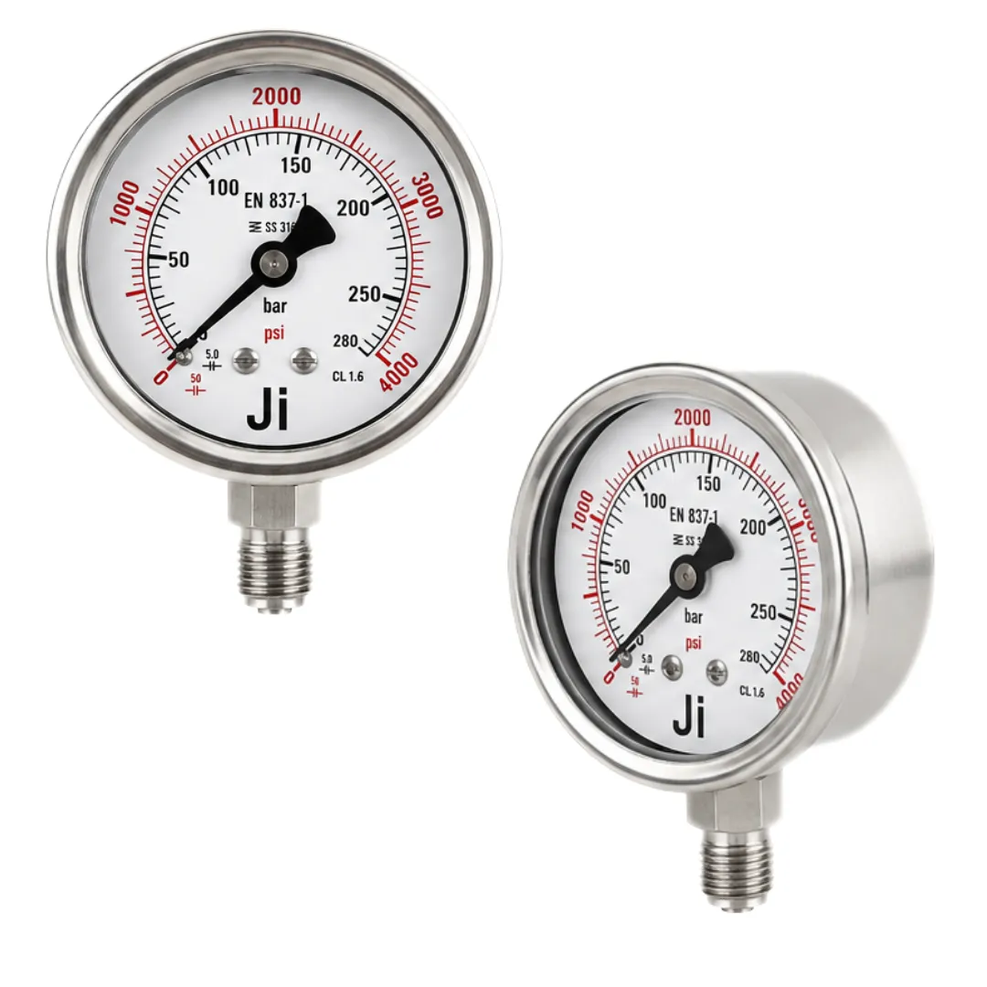 Japsin Instrumentation economical glycerin filled pressure gauge 0 to 280 Bar 4000 PSI 63 mm dial bottom entry 1/4 BSP SS case SS wetted parts