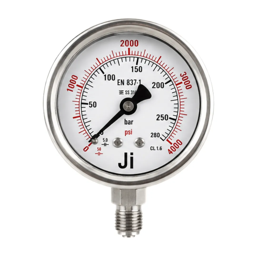 Japsin Instrumentation economical glycerin filled pressure gauge 0 to 280 Bar 4000 PSI 63 mm dial bottom entry 1/4 BSP SS case SS wetted parts