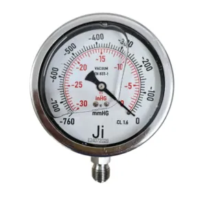 Japsin Instrumentation economical glycerin filled vacuum gauge -760 mmHg to 0 -30 inHg 100 mm dial bottom entry 3/8 BSP stainless steel bayonet case SS wetted parts
