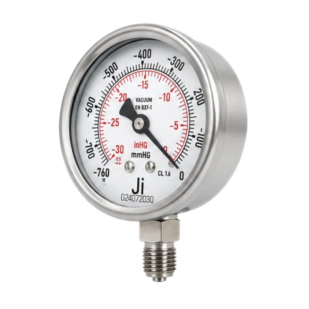 Industrial vacuum gauge with glycerin filled case and dual scale display