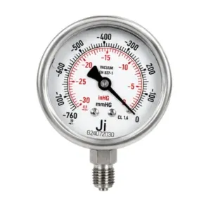 Japsin Instrumentation glycerin filled vacuum gauge -760 mmHg to 0 with 63 mm dial 1/4 inch BSP bottom entry stainless steel vacuum pressure gauge