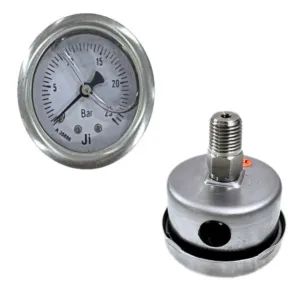 Japsin Instrumentation glycerin filled pressure gauge 0 to 25 Bar single scale 50 mm dial back entry 1/4 BSP stainless steel bayonet case