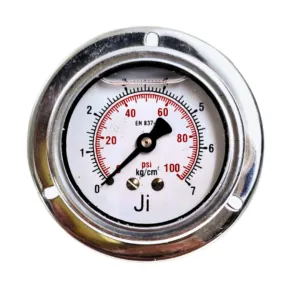 Japsin Instrumentation economical glycerin filled pressure gauge 0 to 7 Kg cm2 100 PSI 63 mm panel mounting back entry 1/4 BSP SS case SS wetted parts