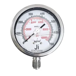 Japsin Instrumentation glycerin filled industrial pressure gauge 0-700 Kg/cm² 10000 PSI 100 mm dial with 1/2 inch BSP bottom entry stainless steel bayonet case