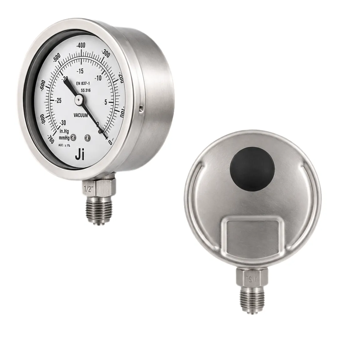 Japsin Instrumentation industrial vacuum gauge -760 mmHg to 0 with 100 mm dial SS304 bayonet case SS316L internals 1/2 inch BSP connection