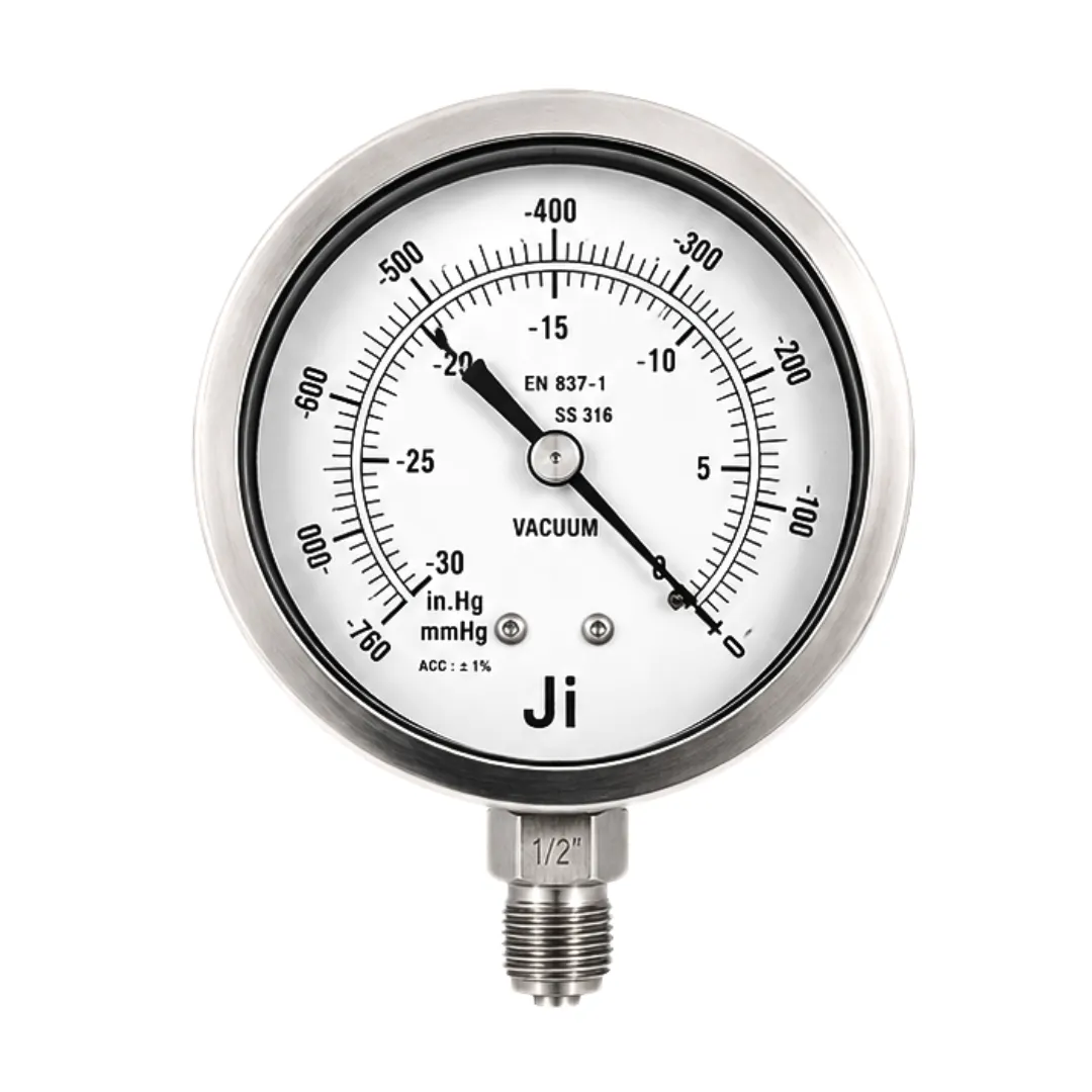 Japsin Instrumentation industrial vacuum gauge -760 mmHg to 0 with 100 mm dial SS304 bayonet case SS316L internals 1/2 inch BSP connection