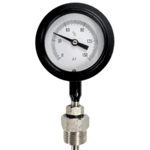 Japsin Instrumentation inert gas filled dial thermometer 0 to 150 degree C 2.5 inch dial bottom entry 150 mm stem 10 mm OD 3/4 BSP stainless steel connection aluminium case SS stem