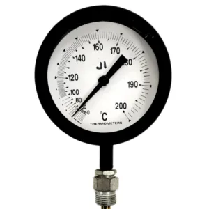 Japsin Instrumentation inert gas filled dial thermometer 0 to 200 degree C 4 inch dial bottom entry 150 mm stainless steel stem 12 mm OD 1/2 BSP aluminium case