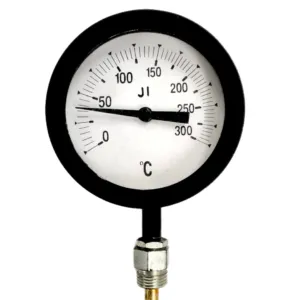 Japsin Instrumentation inert gas filled dial thermometer 0 to 300 degree C 4 inch dial bottom entry 300 mm stainless steel stem 12 mm OD 1/2 BSP aluminium case