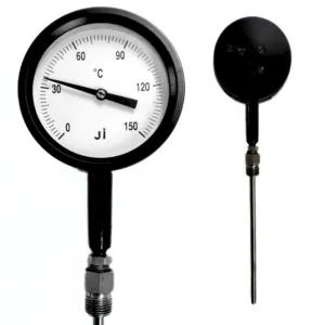 Japsin Instrumentation inert gas filled dial thermometer 0 to 150 degree C 4 inch dial bottom entry 9 inch stainless steel stem 10 mm OD 1/2 BSP aluminium case