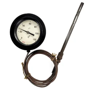 Japsin Instrumentation inert gas filled dial thermometer 0 to 120 degree C 4 inch dial bottom entry 3 metre copper capillary 12 inch stainless steel stem 13 mm OD 1/2 BSP aluminium case