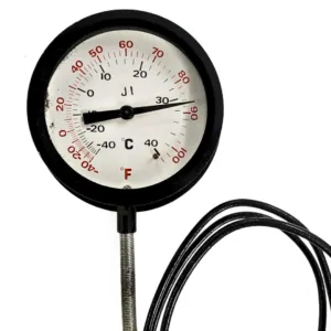 Japsin Instrumentation inert gas filled dial thermometer minus 40 to 40 degree C minus 40 to 100 degree F 4 inch dial surface mounting bottom entry 3 metre PVC capillary 6 inch stainless steel stem 12 mm OD 1/2 BSP aluminium case