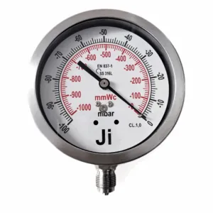 Japsin Instrumentation capsule vacuum gauge -1000 mmWC to 0 and -100 mBar to 0 with 100 mm dial SS304 bayonet case SS316L internals