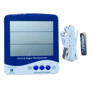 Optilab digital thermo hygrometer and clock with indoor temperature minus 10 to 50 degree Celsius outdoor temperature minus 50 to 70 degree Celsius and humidity range 20 to 99 percent RH