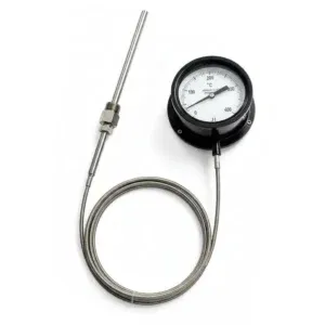 Japsin Instrumentation inert gas filled dial thermometer 0 to 400 degree C 4 inch dial surface mounting bottom entry 3 metre stainless steel capillary 12 inch stainless steel stem 10 mm OD 1/2 BSP aluminium case
