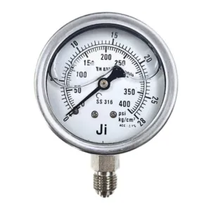 Japsin Instrumentation economical glycerin filled pressure gauge 0 to 28 Kg cm2 400 PSI 63 mm dial bottom entry 1/4 BSP SS case SS wetted parts