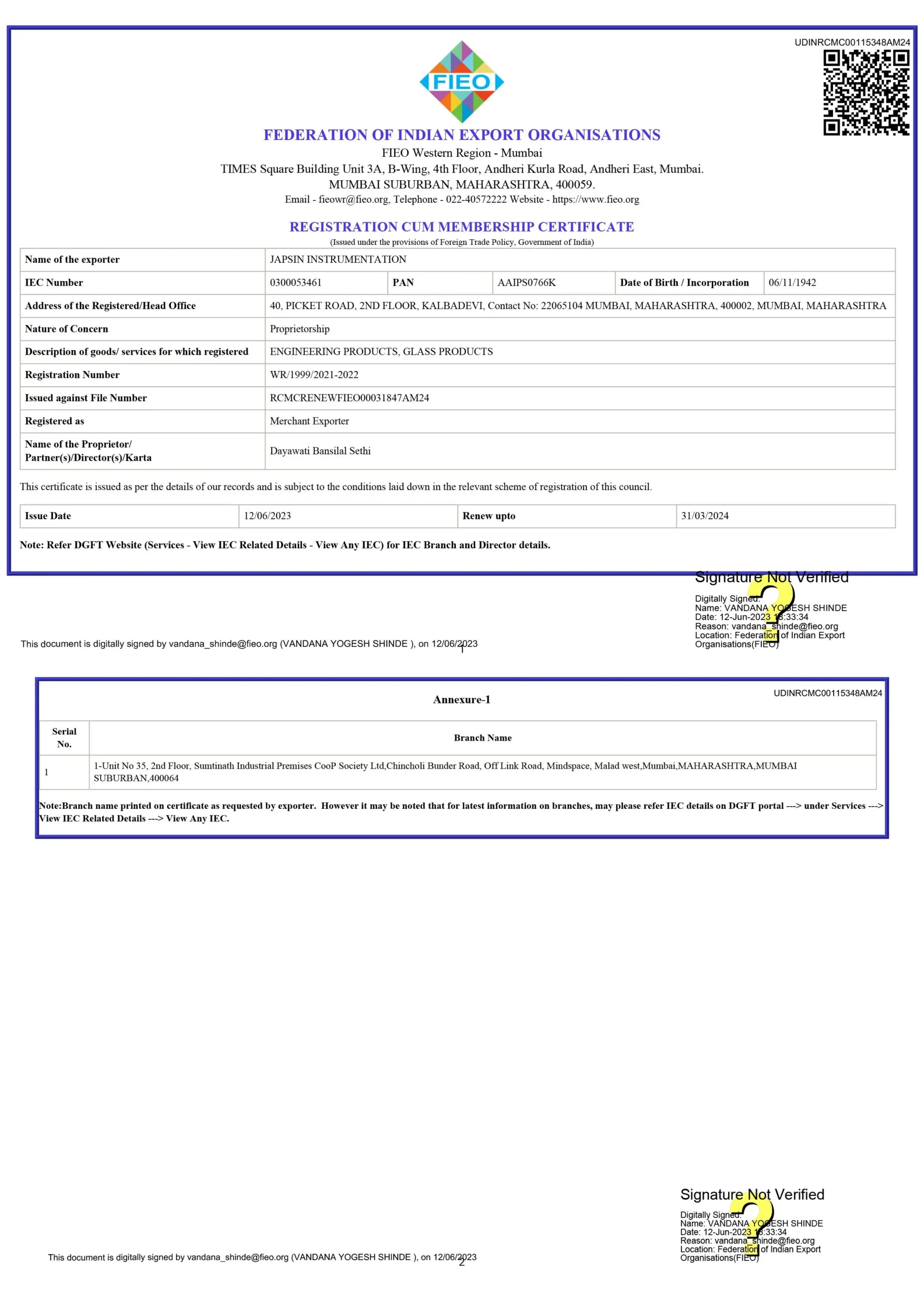 FIEO - REGISTRATION-CUM-MEMBERSHIP CERTIFICATE 23-24