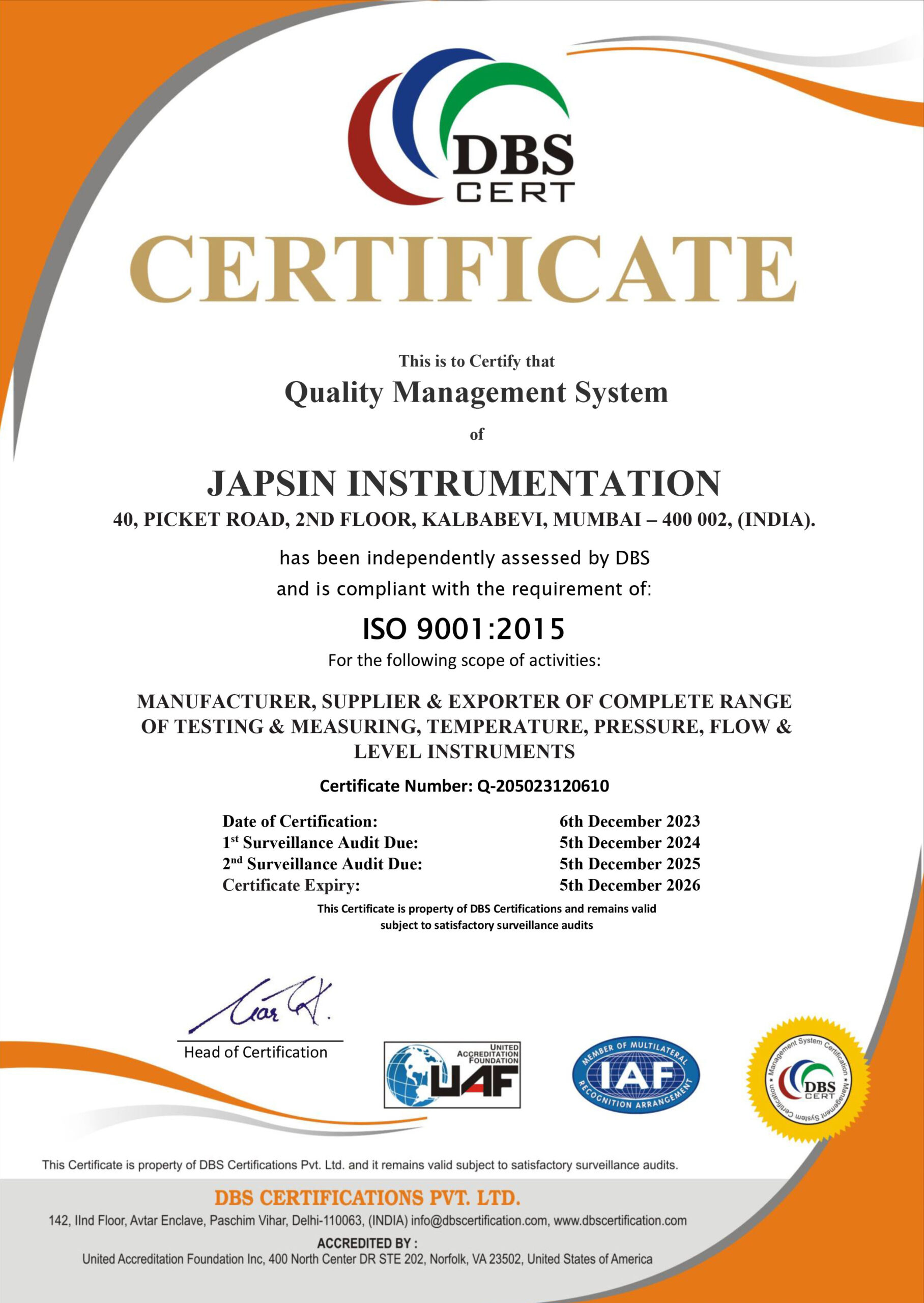 ISO 2023 9001-2015 | Japsin Instrumentation