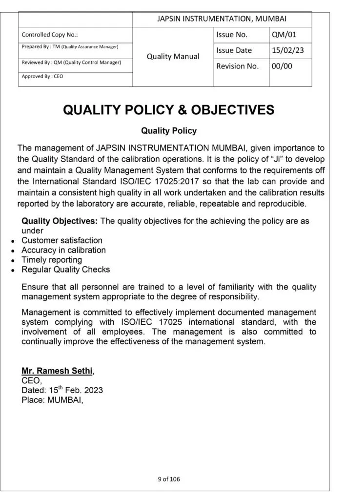 Quality Control Policy