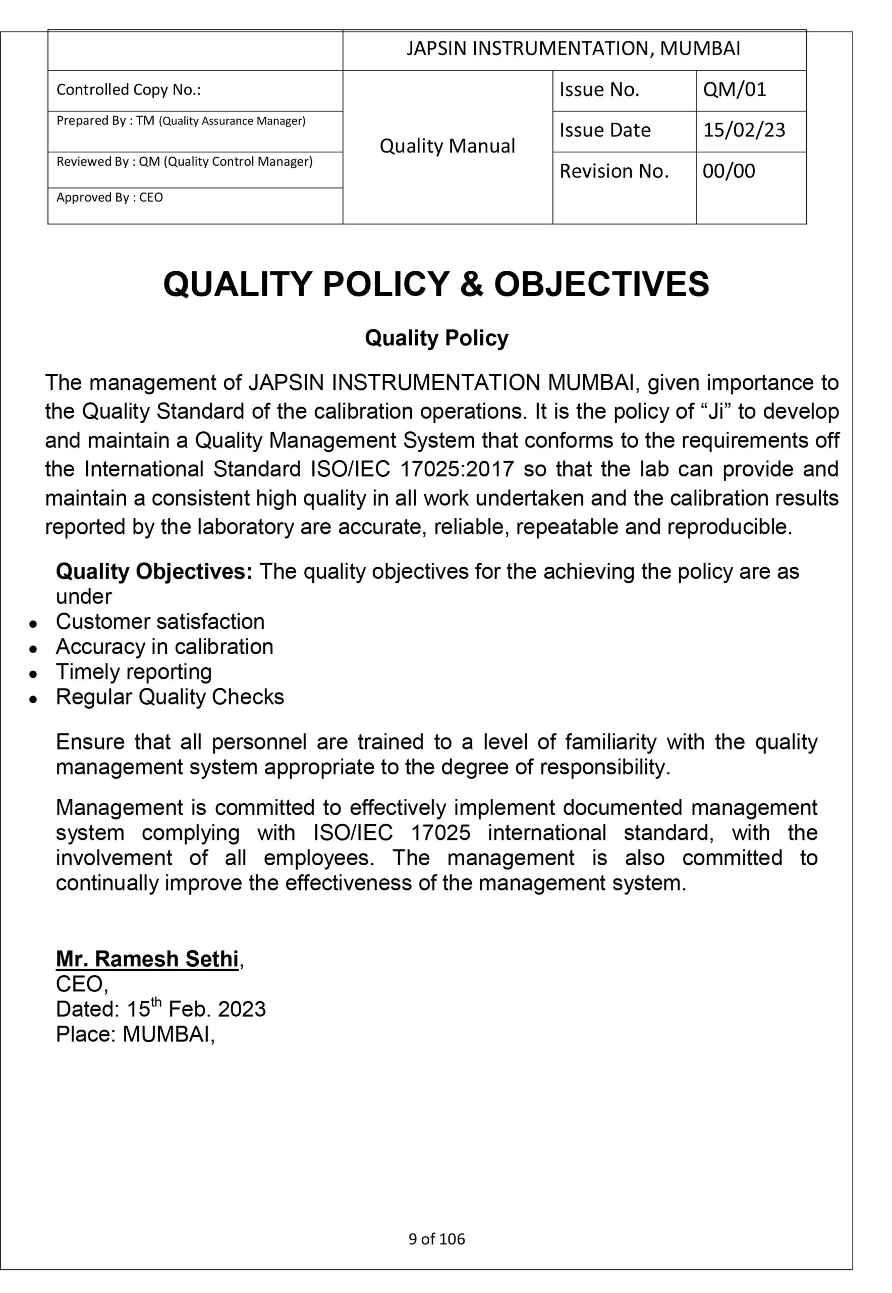 Quality Control Policy