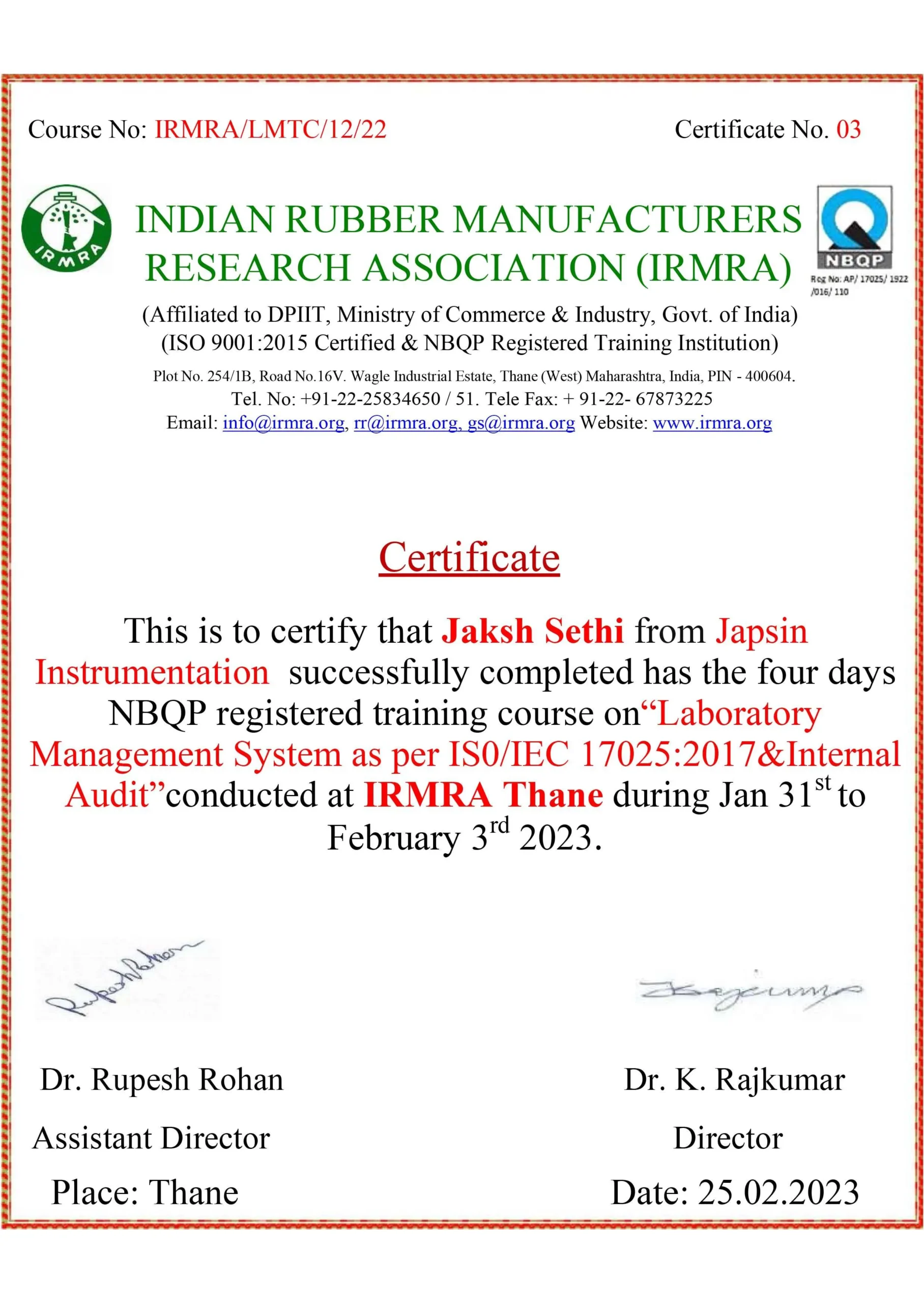 Laboratory Managment System as per ISO/IEC 17025:2017 & Internal Audit - Jaksh Sethi