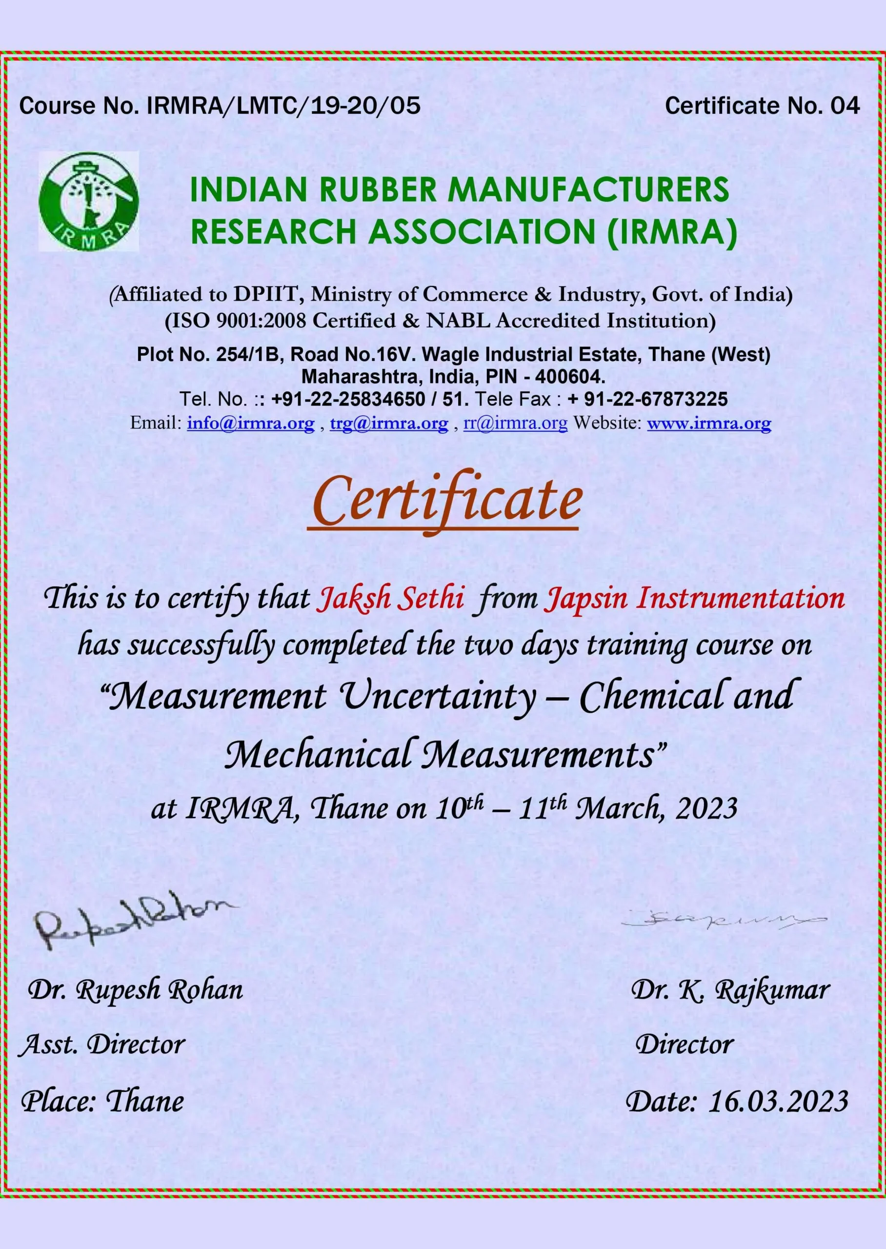 MUT Jaksh Certificate.