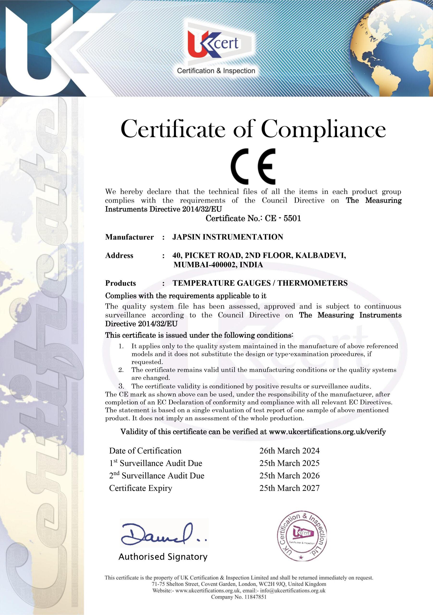 Certificate of Compliance CE - 5501