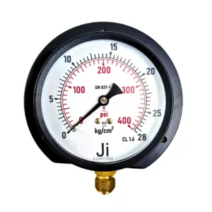 Japsin Instrumentation commercial pressure gauge 0 to 28 Kg cm2 400 PSI 100 mm dial surface mounting bottom entry 3/8 BSP MS case brass internals