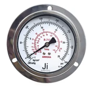 Japsin Instrumentation economical ammonia compound gauge -30 inHg to 360 PSI -1 to 25 Kg cm2 100 mm panel mounting back entry 3/8 BSP stainless steel case SS wetted parts crimping type
