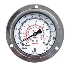 Japsin Instrumentation economical ammonia gauge -30 inHg to 225 PSI -1 to 16 Kg cm2 100 mm panel mounting back entry 3/8 BSP stainless steel case SS wetted parts crimping type