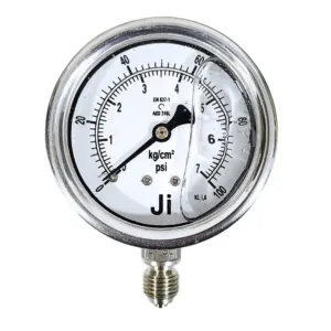 Japsin Instrumentation glycerin filled industrial pressure gauge 0-7 Kg/cm² 100 PSI 63 mm dial bayonet type with 1/4 inch BSP bottom entry connection