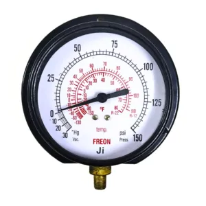 Japsin Instrumentation commercial Freon gauge -30 inHg to 150 PSI 100 mm dial surface mounting bottom entry 1/8 BSP MS case brass internals