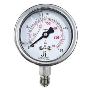 Japsin Instrumentation economical glycerin filled pressure gauge 0 to 20 Bar 290 PSI 63 mm dial bottom entry 1/4 BSP SS case SS wetted parts