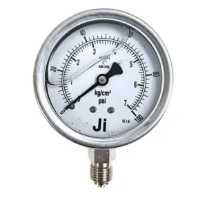 Japsin Instrumentation economical glycerin filled pressure gauge 0 to 7 Kg cm2 100 PSI 63 mm dial bottom entry 1/4 BSP SS case SS wetted parts