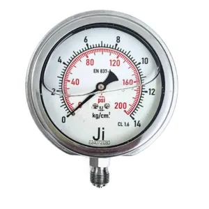 Japsin Instrumentation economical glycerin filled pressure gauge 0 to 14 Kg cm2 200 PSI 100 mm surface mounting bottom entry 3/8 BSP stainless steel bayonet case SS wetted parts