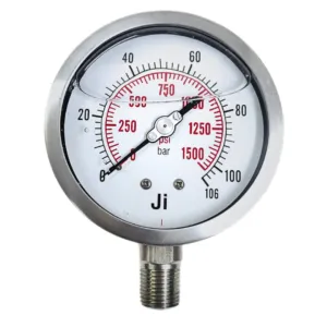Japsin Instrumentation glycerin filled industrial pressure gauge 0-106 Bar 1500 PSI 100 mm dial with 1/2 inch NPT bottom entry stainless steel bayonet case