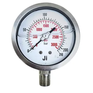 Japsin Instrumentation industrial pressure gauge 0-210 Bar 3000 PSI 100 mm dial with 1/2 inch NPT bottom entry stainless steel bayonet case