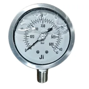Japsin Instrumentation glycerin filled industrial pressure gauge 0-42 Bar 600 PSI 100 mm dial with 1/2 inch NPT bottom entry stainless steel bayonet case