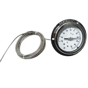 Japsin Instrumentation inert gas filled dial thermometer minus 50 to 50 degree C 4 inch dial panel mounting back entry 5 metre stainless steel capillary 225 mm stem 12 mm OD 1/2 BSP stainless steel case SS wetted parts