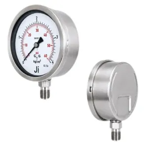 Japsin Instrumentation economical glycerin filled pressure gauge 0 to 4.2 Kg cm2 60 PSI 100 mm dial bottom entry 3/8 BSP stainless steel bayonet case SS wetted parts